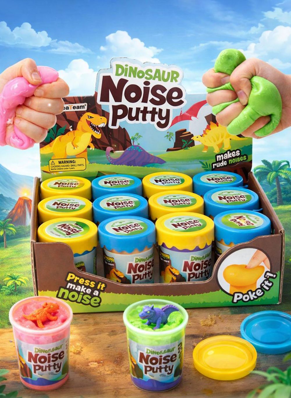 Greateam - Dino Noise Putty Slime 12pc-Set With Dinosaur Toy - Multicolor