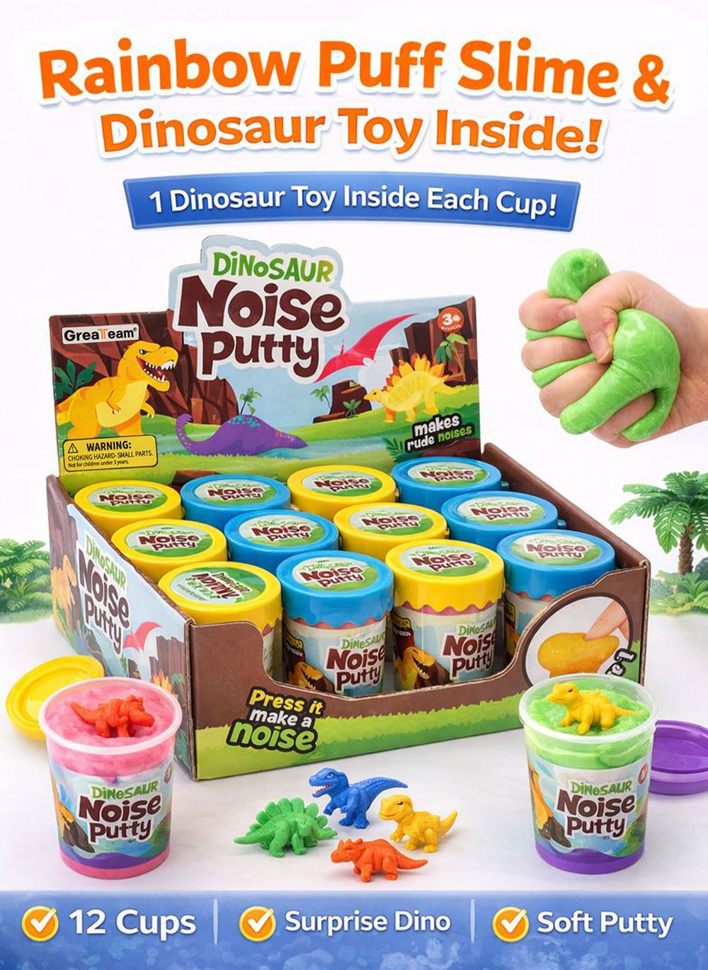 Greateam - Dino Noise Putty Slime 12pc-Set With Dinosaur Toy - Multicolor