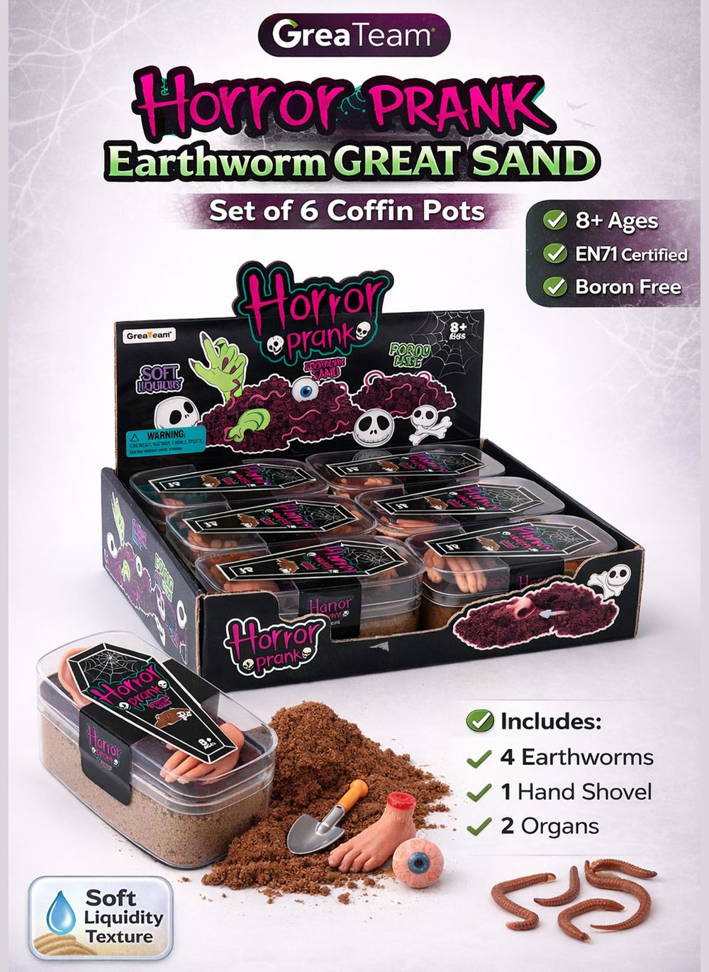 Greateam - Horror Prank Earthworm Great Sand Set 6pc Coffin Pots With Earthworms - Multicolor
