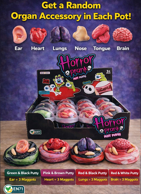 Greateam - Horror Prank Puff Putty 12pc-Set Dual Color Slime With Creepy Toy Mix-ins - Multicolor