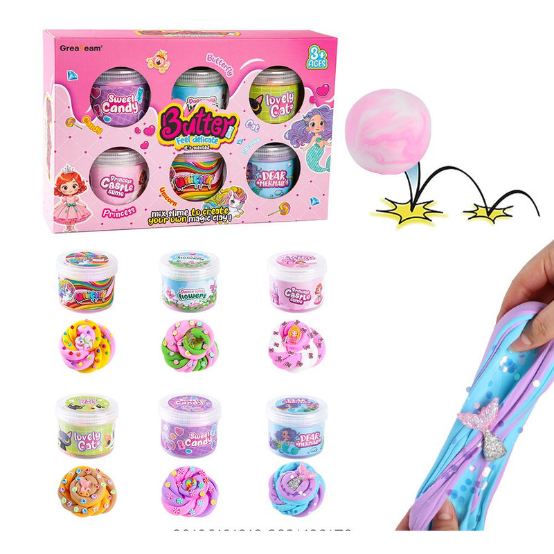 Greateam - Butter Slime Girls Set 6pc-Set 45g Each With Figure Toys - Multicolor