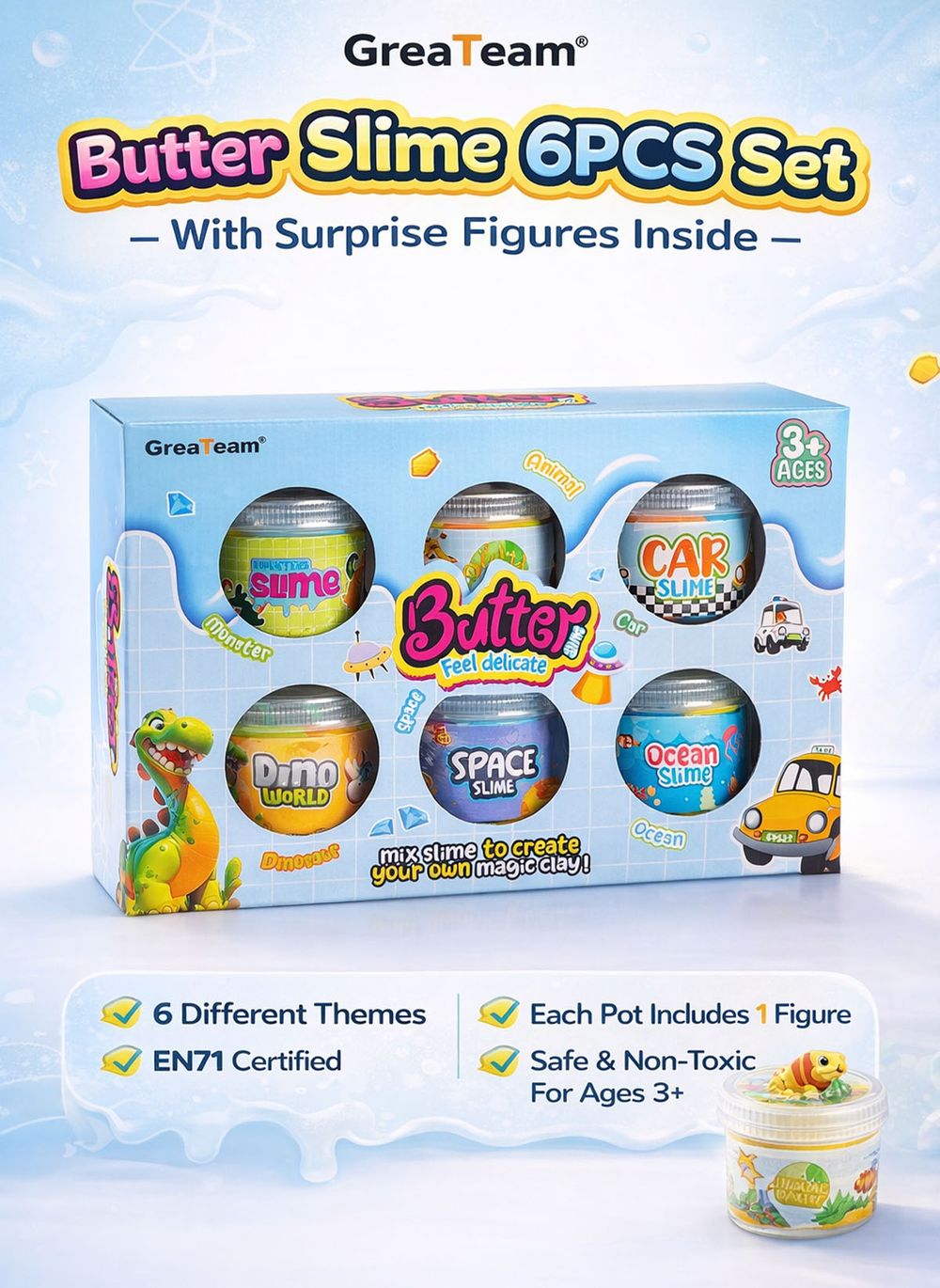 Greateam - Butter Slime 6pc-Set With Surprise Toy Figures - Multicolor