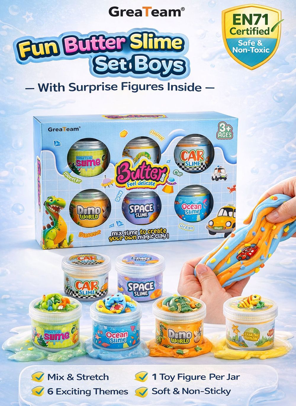 Greateam - Butter Slime 6pc-Set With Surprise Toy Figures - Multicolor