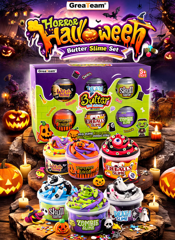 Greateam - Horror Halloween Butter Slime 6pc-Set 45g Each With Halloween Figures - Multicolor