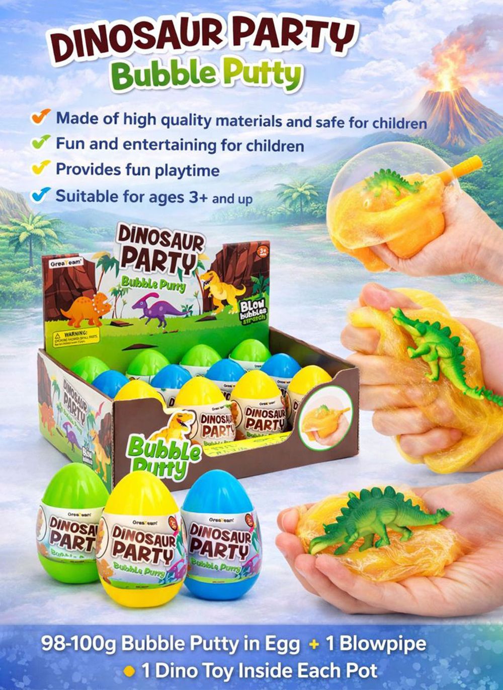 Greateam - Dino Putty Bubble Slime 12pc-Set 100g Each With Blowpipe - Multicolor