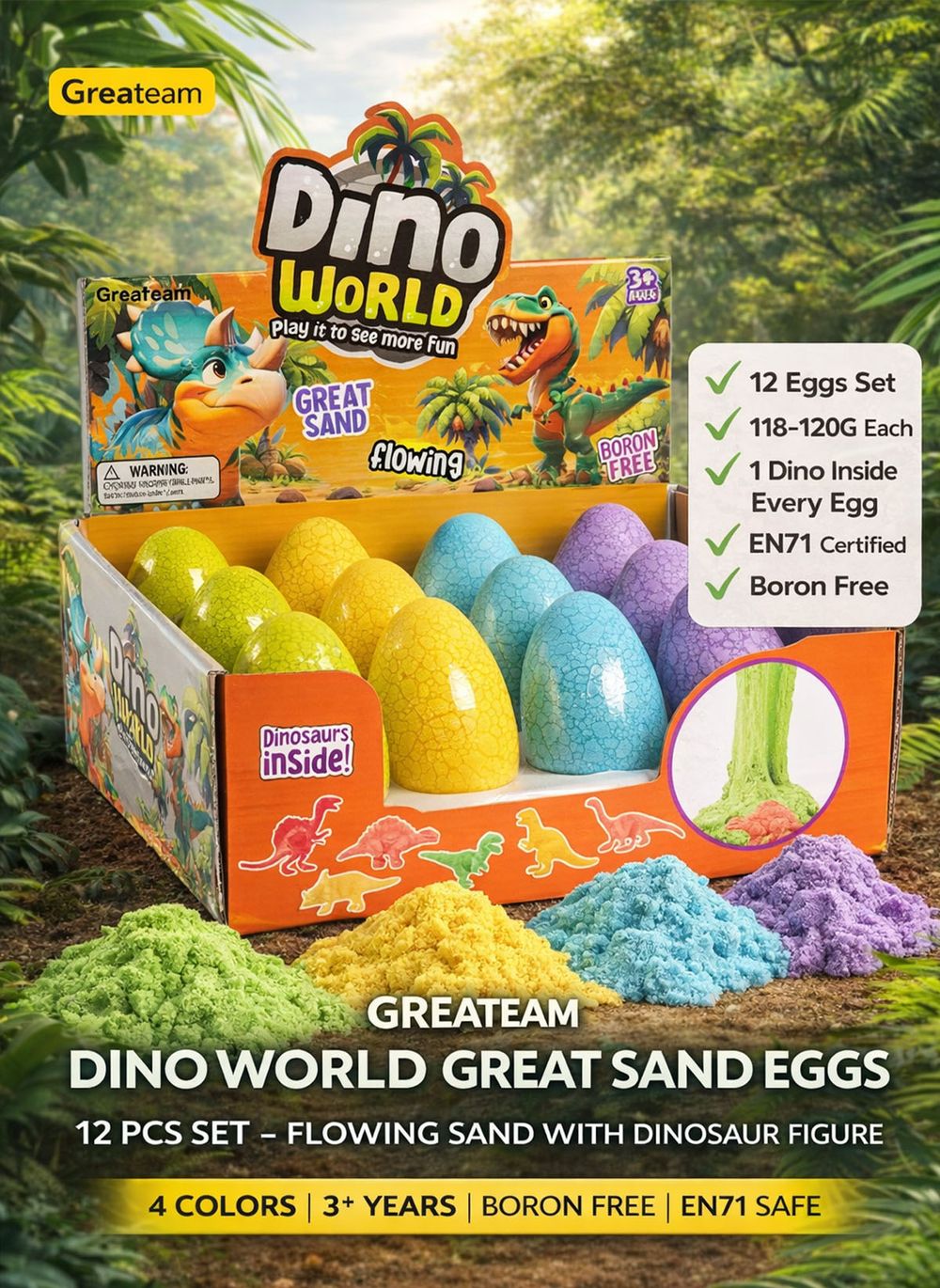 Greateam - Dino World Great Sand Eggs 12pc-Set 120g With Dinosaur Figure - Multicolor