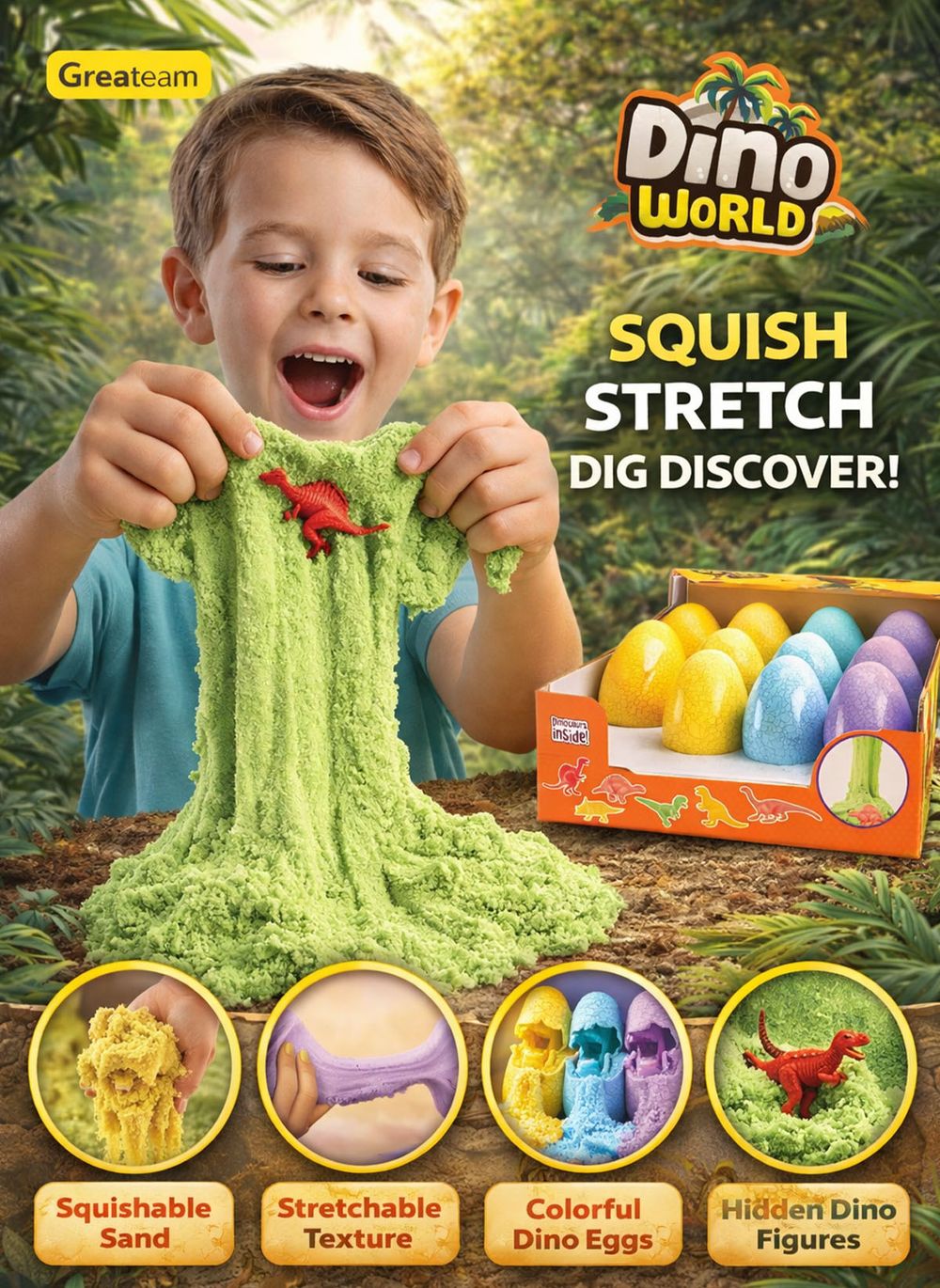 Greateam - Dino World Great Sand Eggs 12pc-Set 120g With Dinosaur Figure - Multicolor