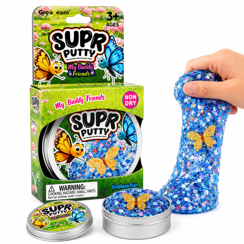 Greateam - Super Putty Butterfly Slime 88-90g Tin Box With Figure - Multicolor