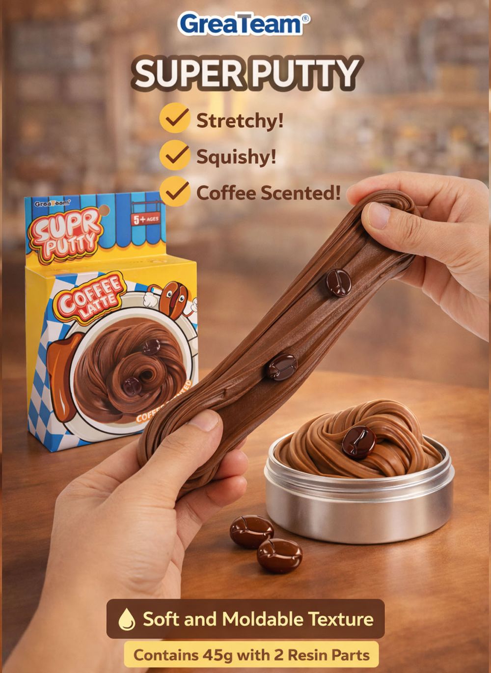 Greateam - Super Putty Coffee Latte Soup Slime 45g Coffee Scented With Coffee Bean Accessories - Brown