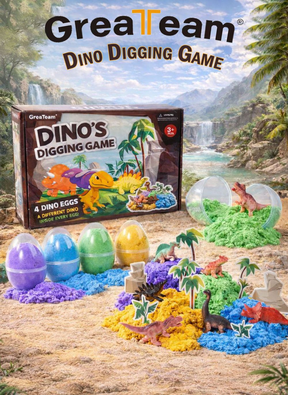 Greateam - Dino's Digging Game Kinetic Sand 4pc-Set - Multicolor