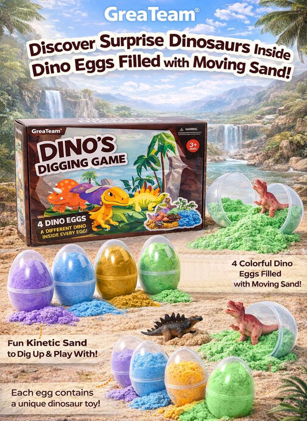 Greateam - Dino's Digging Game Kinetic Sand 4pc-Set - Multicolor