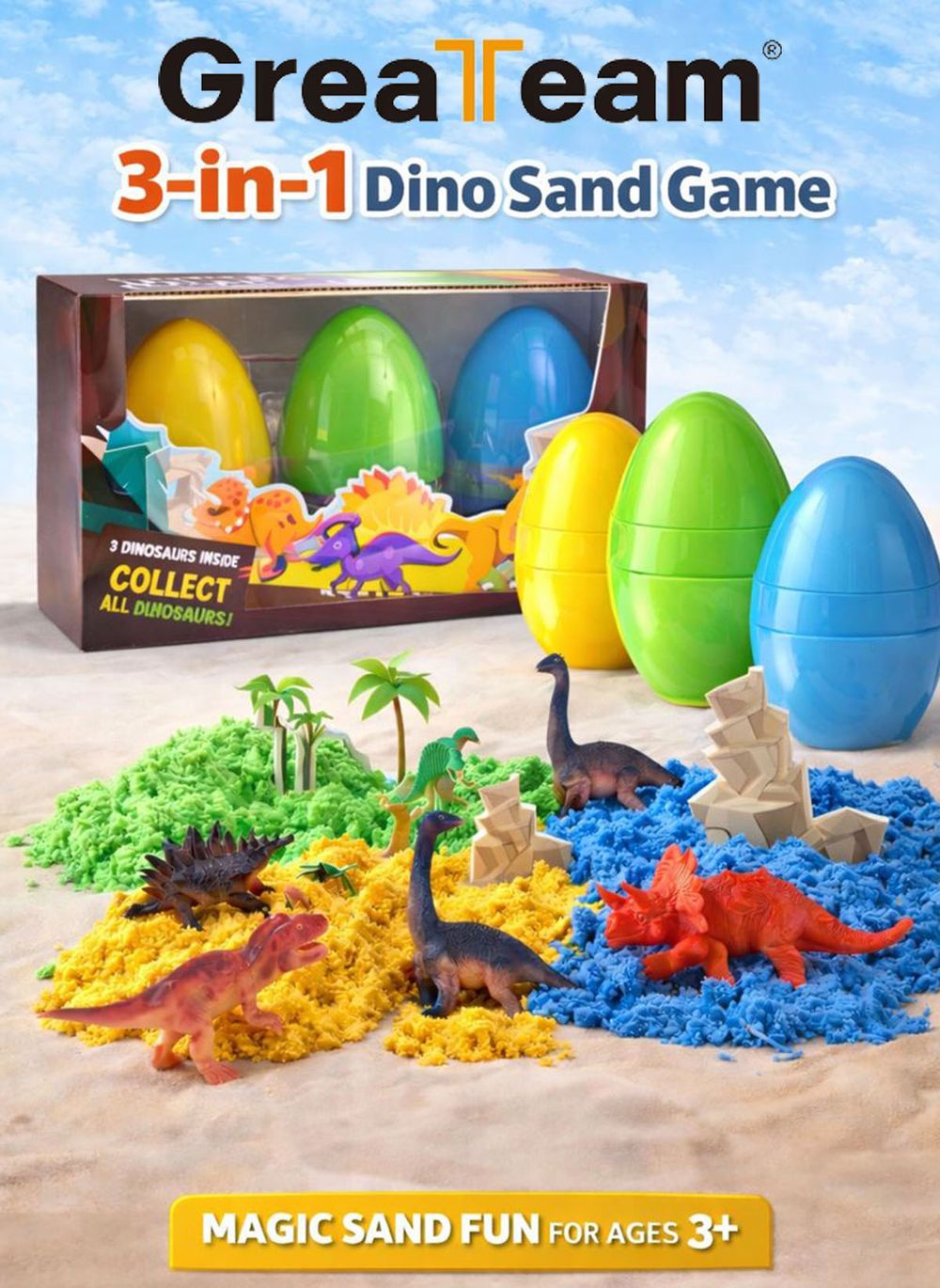 Greateam - 3-in-1 Dino Sand Game Kinetic Play Sand 3pc-Set - Multicolor