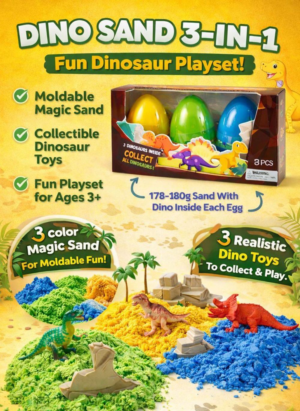 Greateam - 3-in-1 Dino Sand Game Kinetic Play Sand 3pc-Set - Multicolor