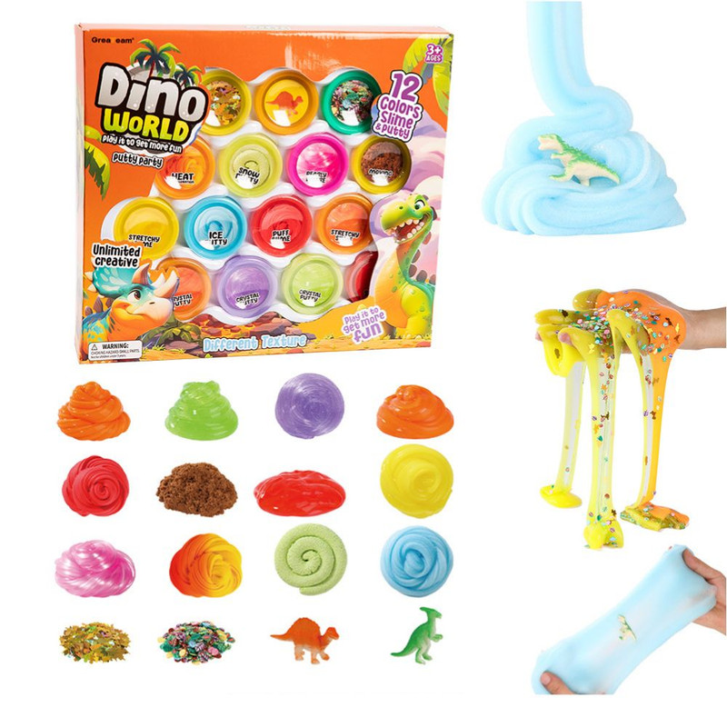 Greateam - Dino World 12 Colors Slime & Putty Set Heat Color Change Glow Effect - Multicolor