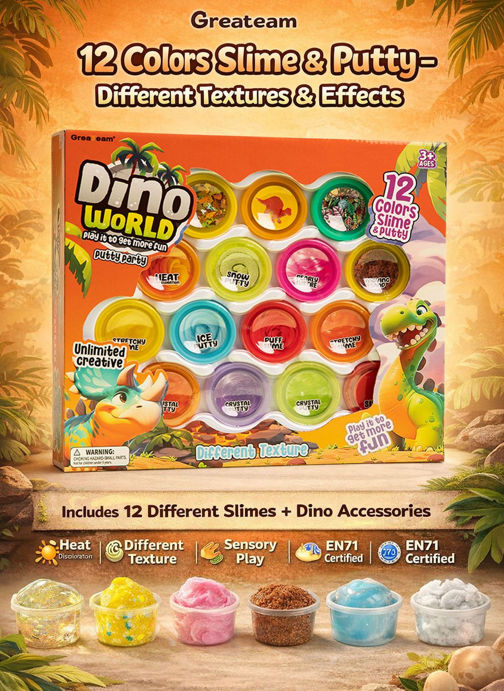 Greateam - Dino World 12 Colors Slime & Putty Set Heat Color Change Glow Effect - Multicolor