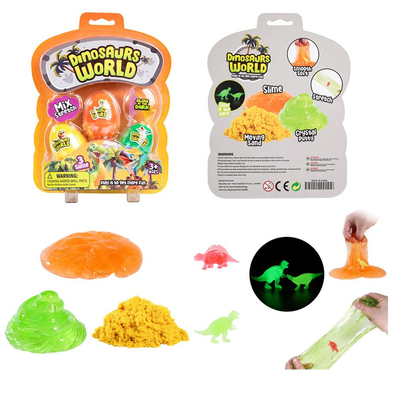 Greateam - Dinosaurs World 3pc-Set Sensory Slime Kit With Dinosaur Figures - Multicolor