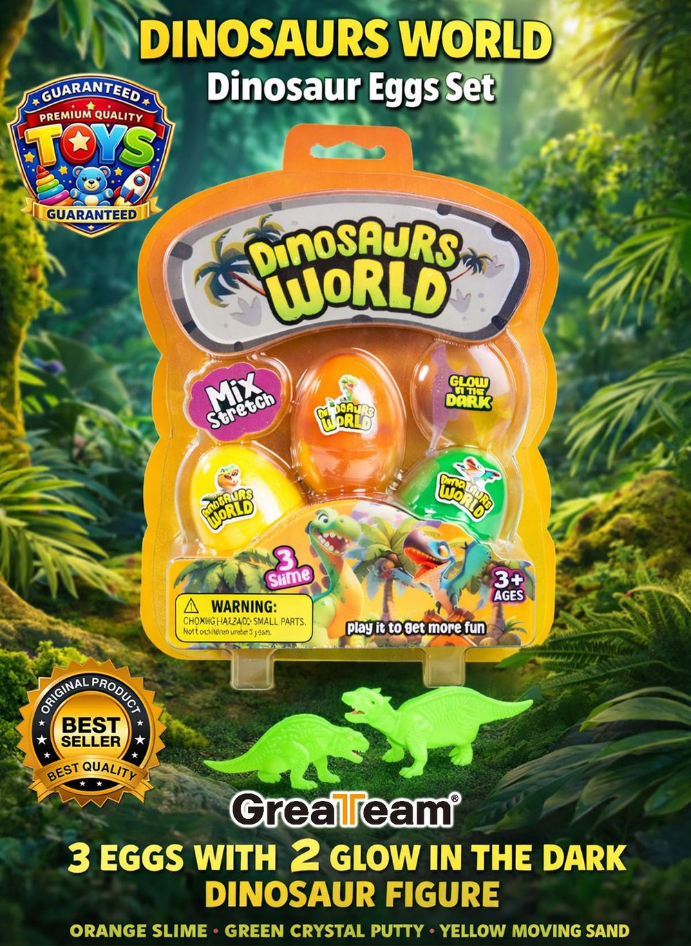 Greateam - Dinosaurs World 3pc-Set Sensory Slime Kit With Dinosaur Figures - Multicolor