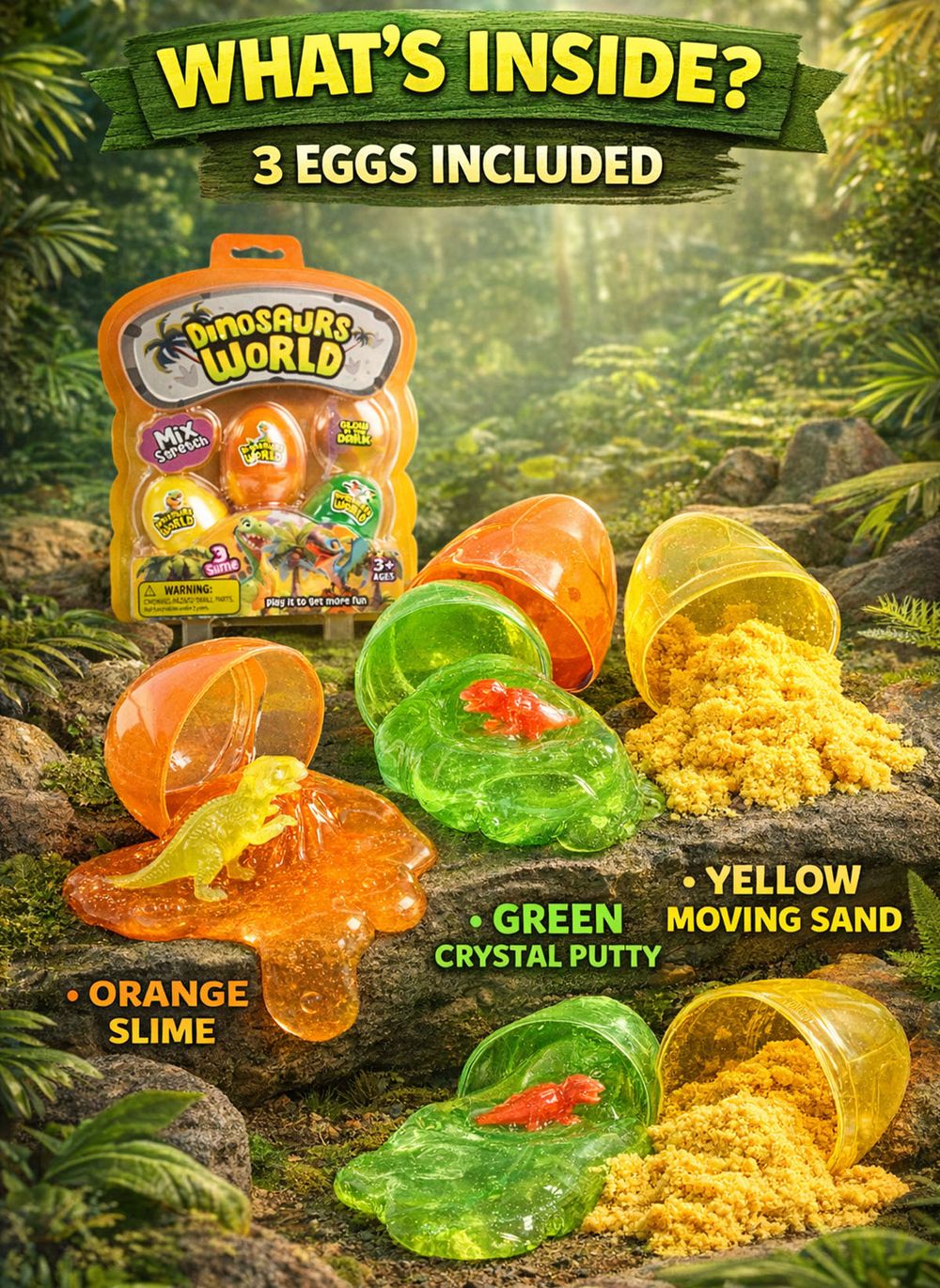 Greateam - Dinosaurs World 3pc-Set Sensory Slime Kit With Dinosaur Figures - Multicolor