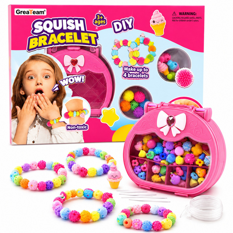 Greateam - Squish Bracelet DIY Kit 4pc-Set With Beads & Charms - Pink