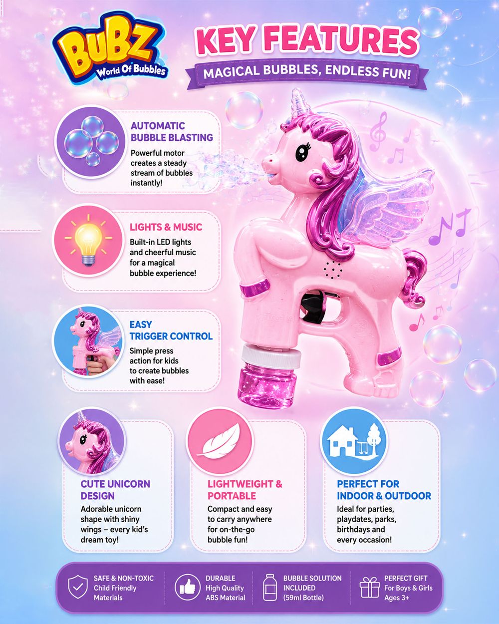 Bubz - Electric Unicorn Bubble Machine With Lights & Music - Pink