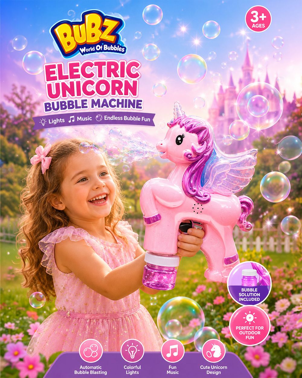 Bubz - Electric Unicorn Bubble Machine With Lights & Music - Pink