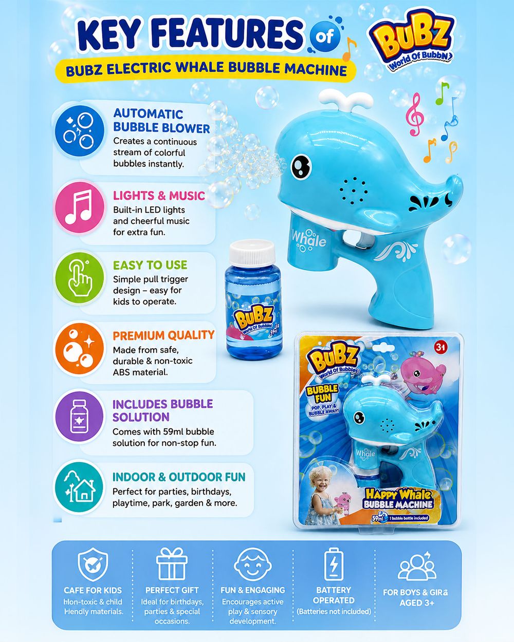 Bubz - Electric Whale Bubble Machine With Lights & Music - Blue