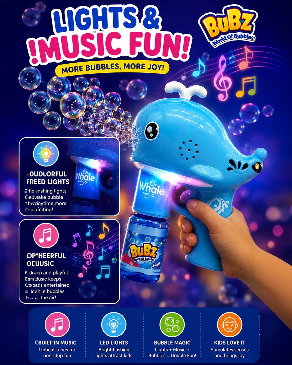 Bubz - Electric Whale Bubble Machine With Lights & Music - Blue