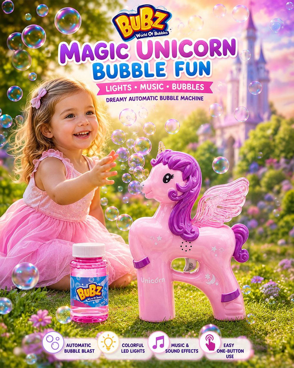 Bubz - DIY Electric Unicorn Bubble Gun Toy - Pink
