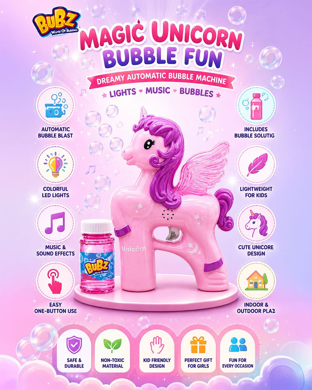 Bubz - DIY Electric Unicorn Bubble Gun Toy - Pink