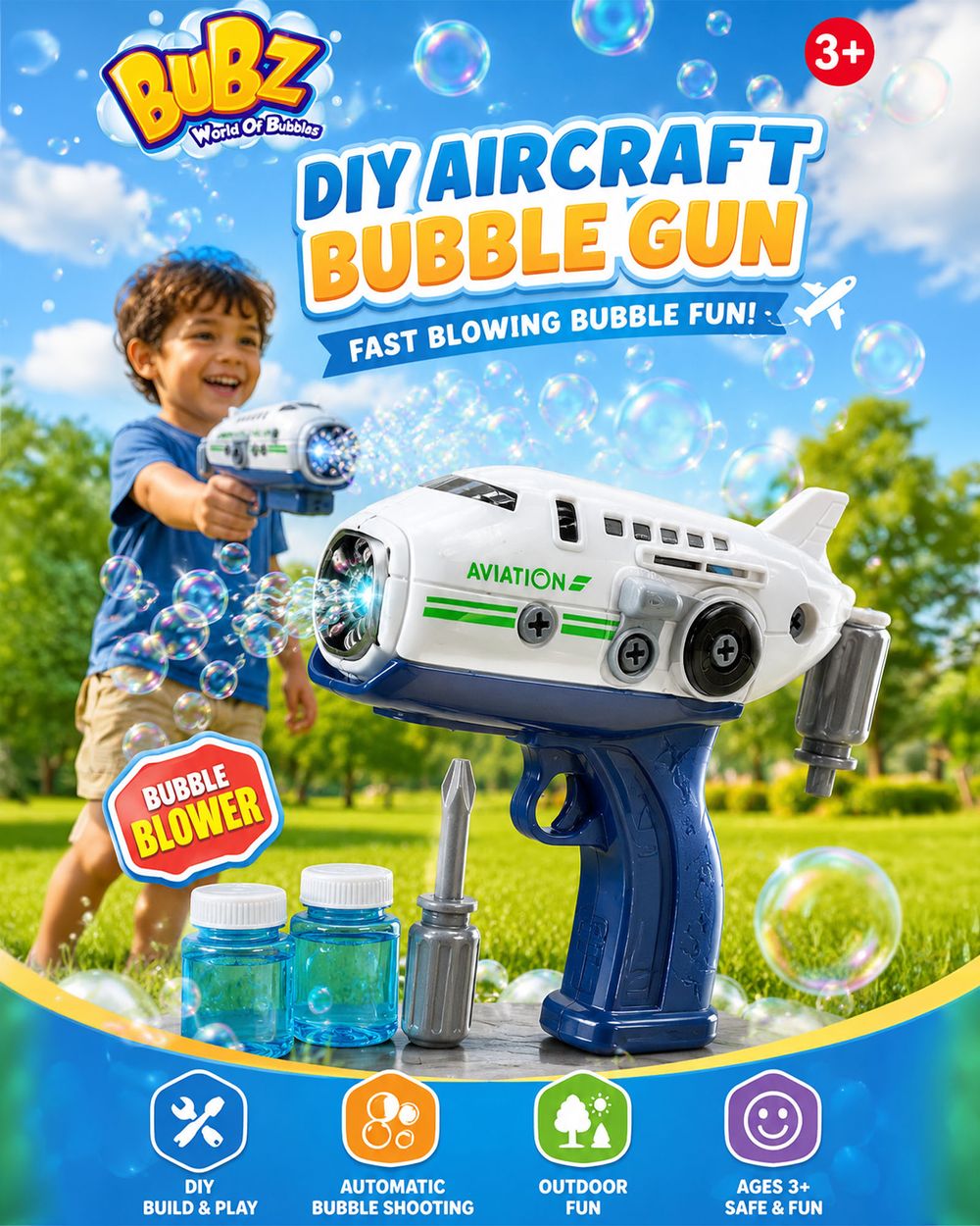 Bubz - DIY Electric Aircraft Bubble Gun Toy - Blue/White