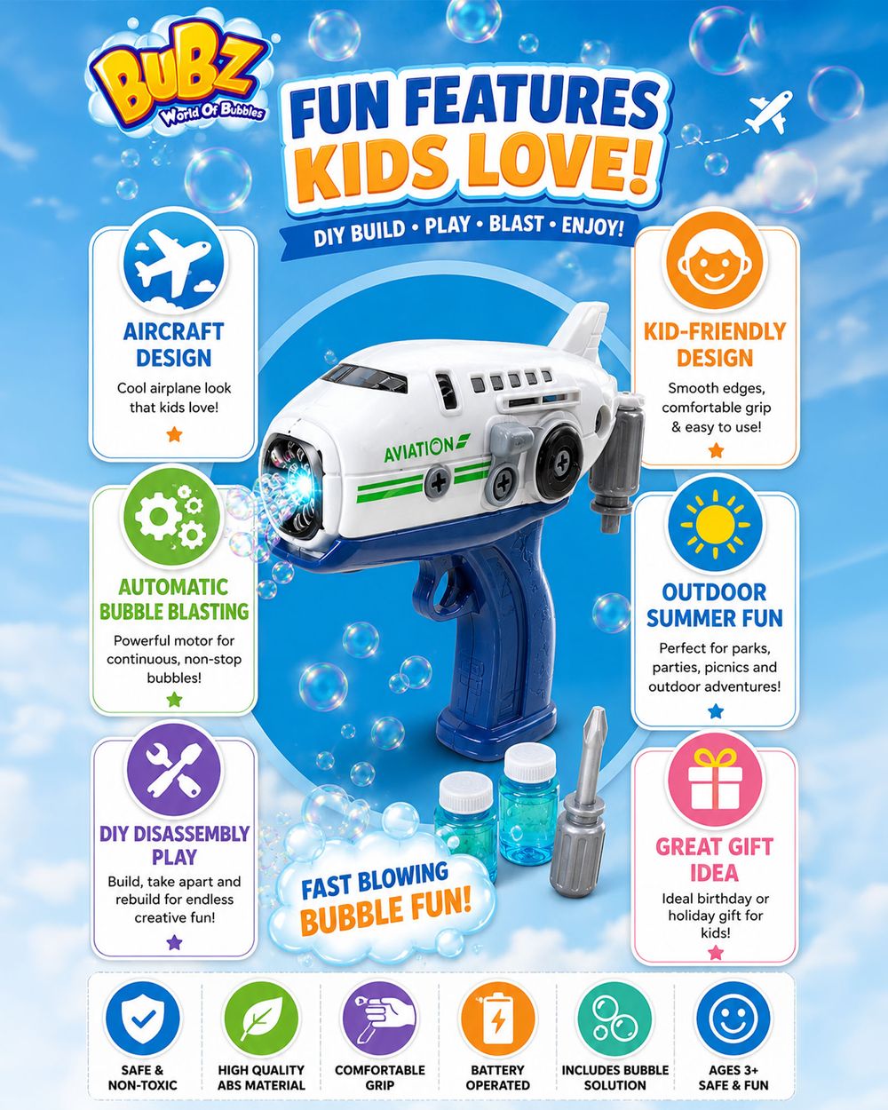 Bubz - DIY Electric Aircraft Bubble Gun Toy - Blue/White