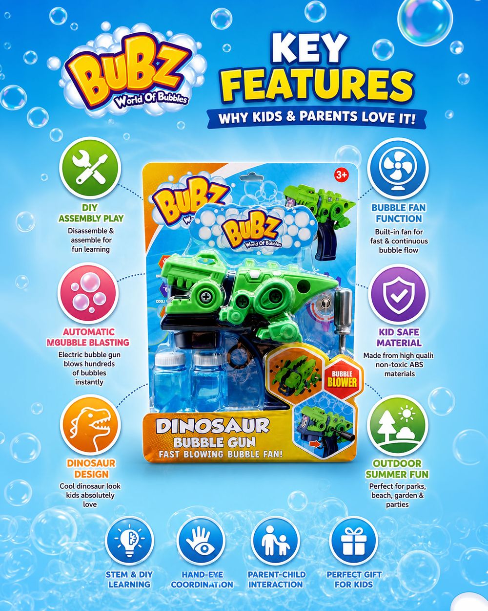Bubz - DIY Electric Dinosaur Bubble Gun Toy - Green
