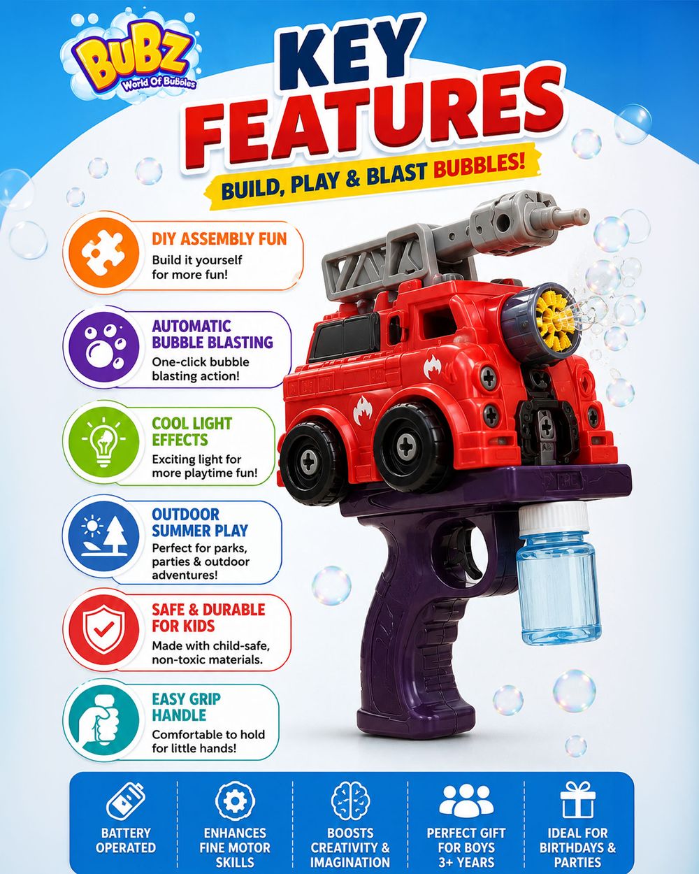 Bubz - DIY Electric Fire Truck Bubble Gun Toy - Multicolor