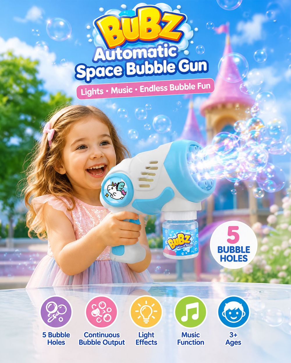 Bubz - 5 Hole Automatic Space Bubble Gun With Lights - Blue/White