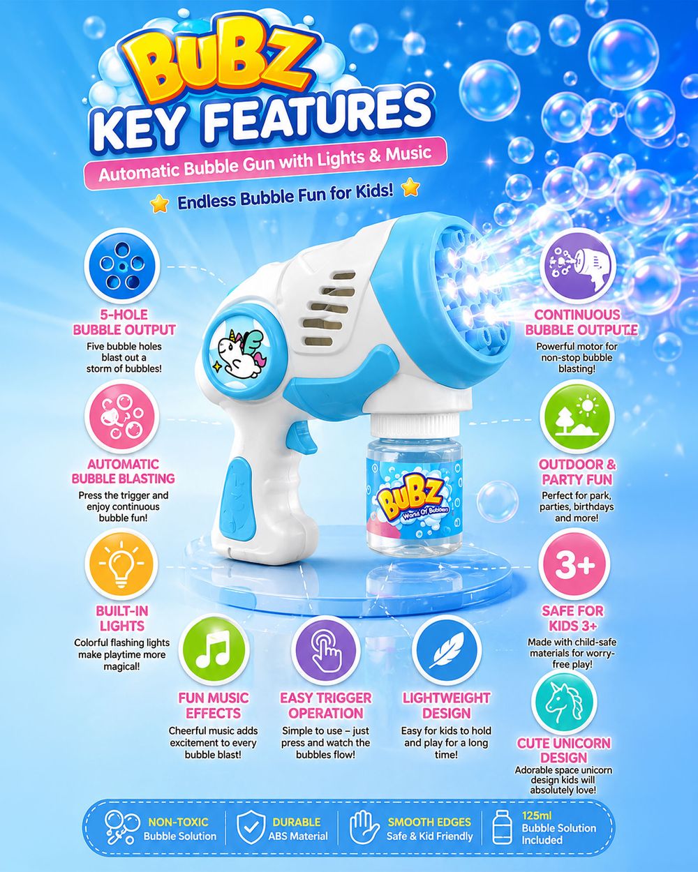 Bubz - 5 Hole Automatic Space Bubble Gun With Lights - Blue/White