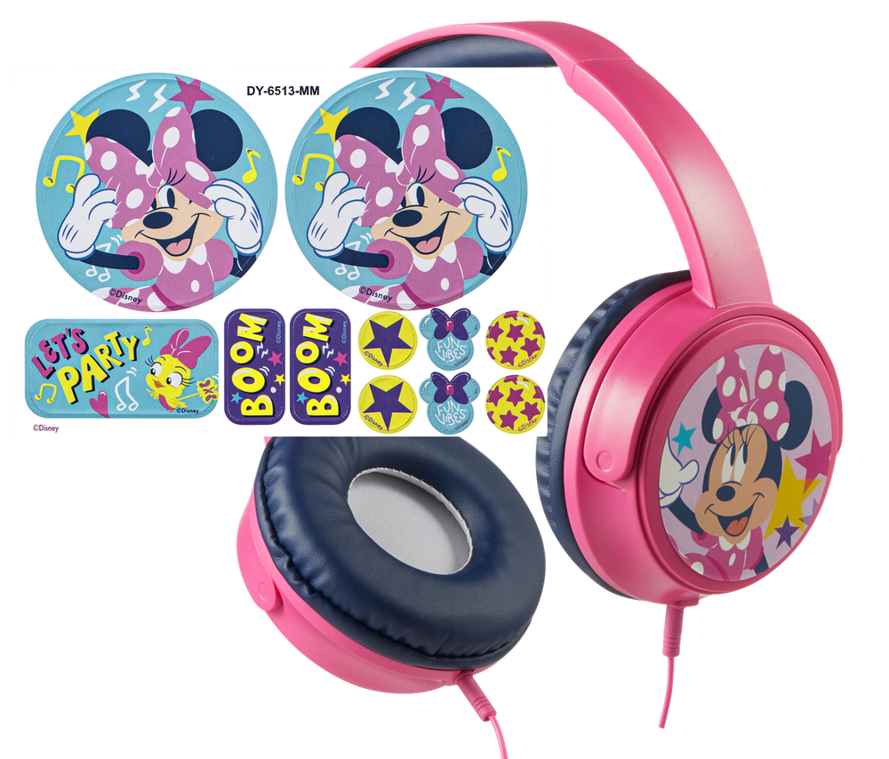 Volkano - Disney Minnie Mouse Auxiliary Headphones With Stickers - Pink/Black