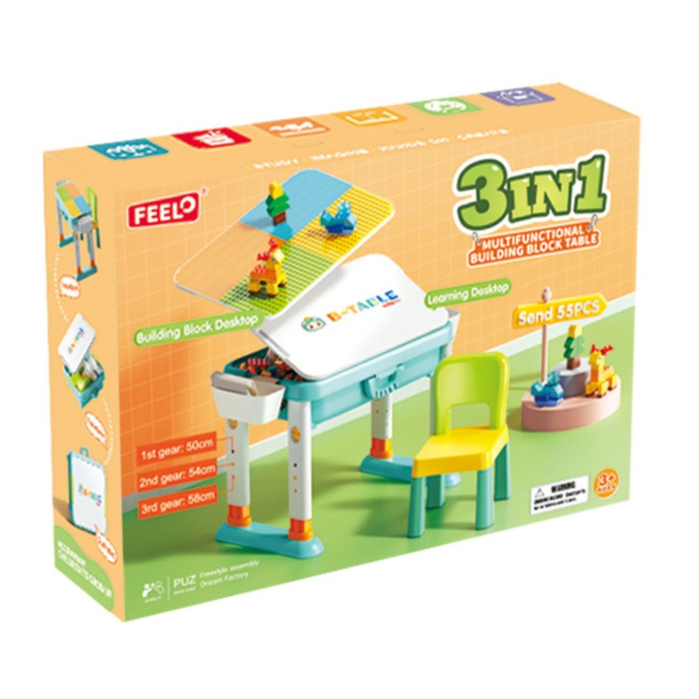Feelo - 3-In-1 Multifunctional Building Block Desktop & Chair Set - Multicolor - 55 Pcs