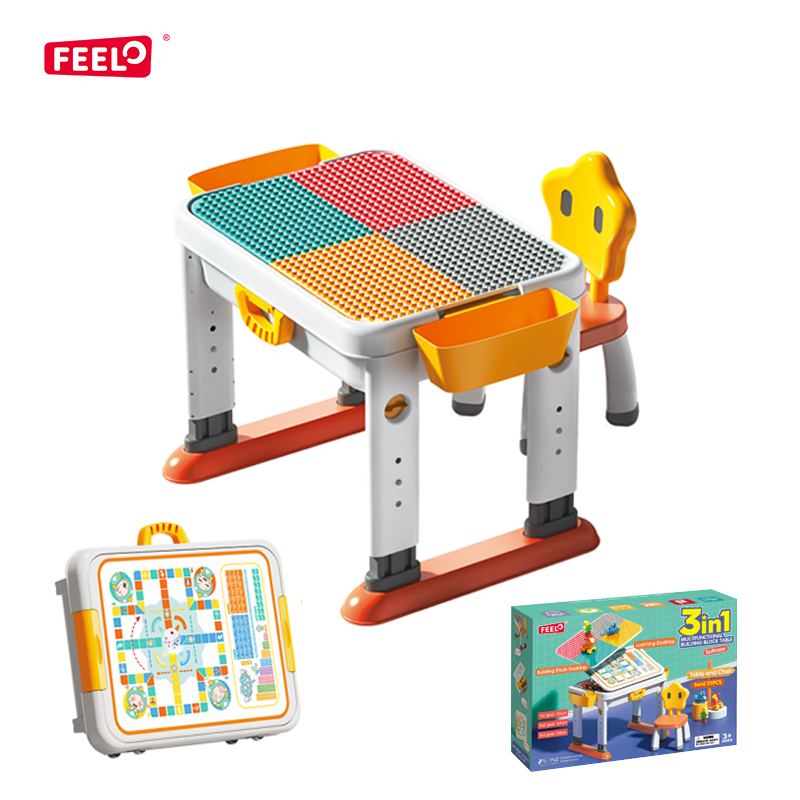 Feelo - 3-In-1 Multifunctional Building Block Table & Chair Set - Multicolor - 55 Pcs