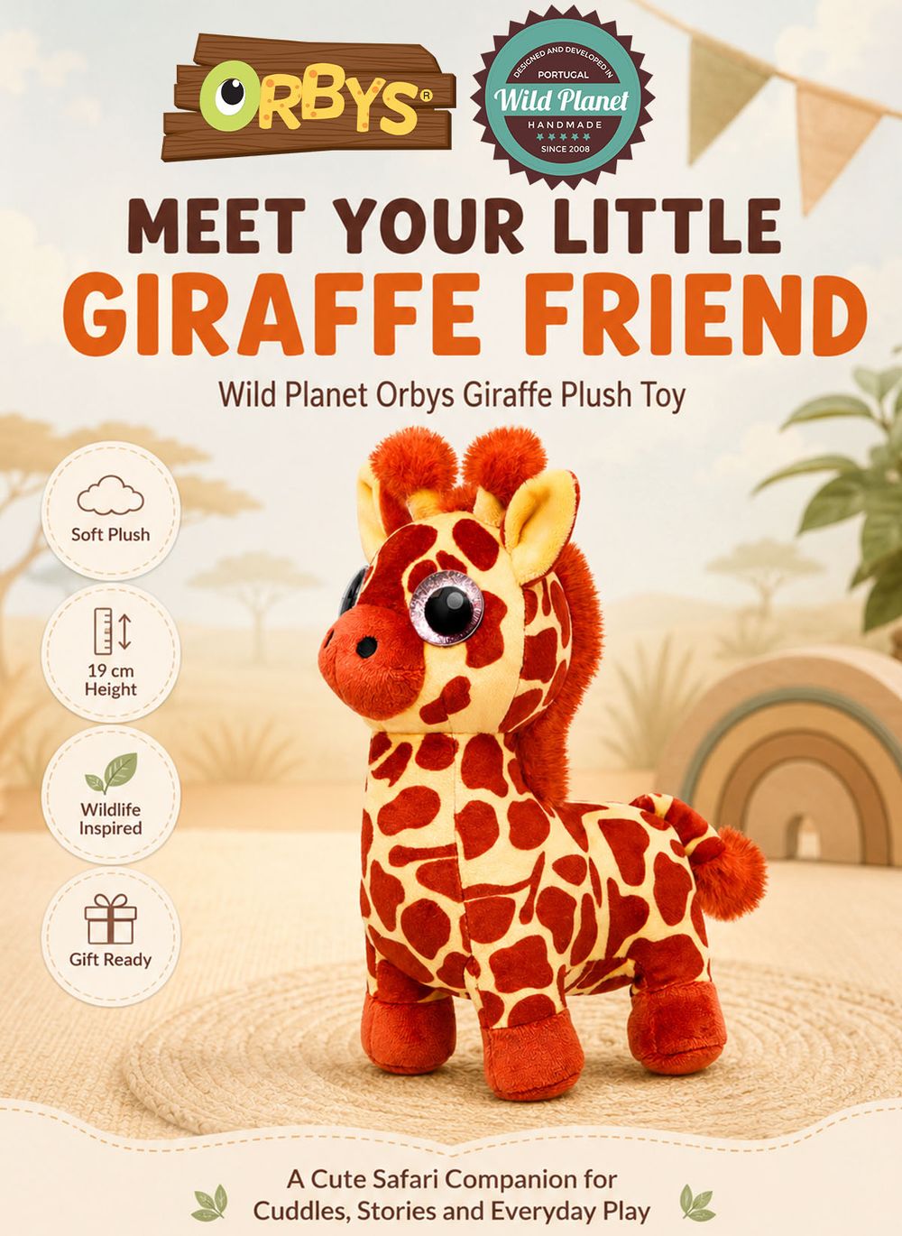 Wild Planet - Orbys Giraffe Plush Toy Soft - 7-inch