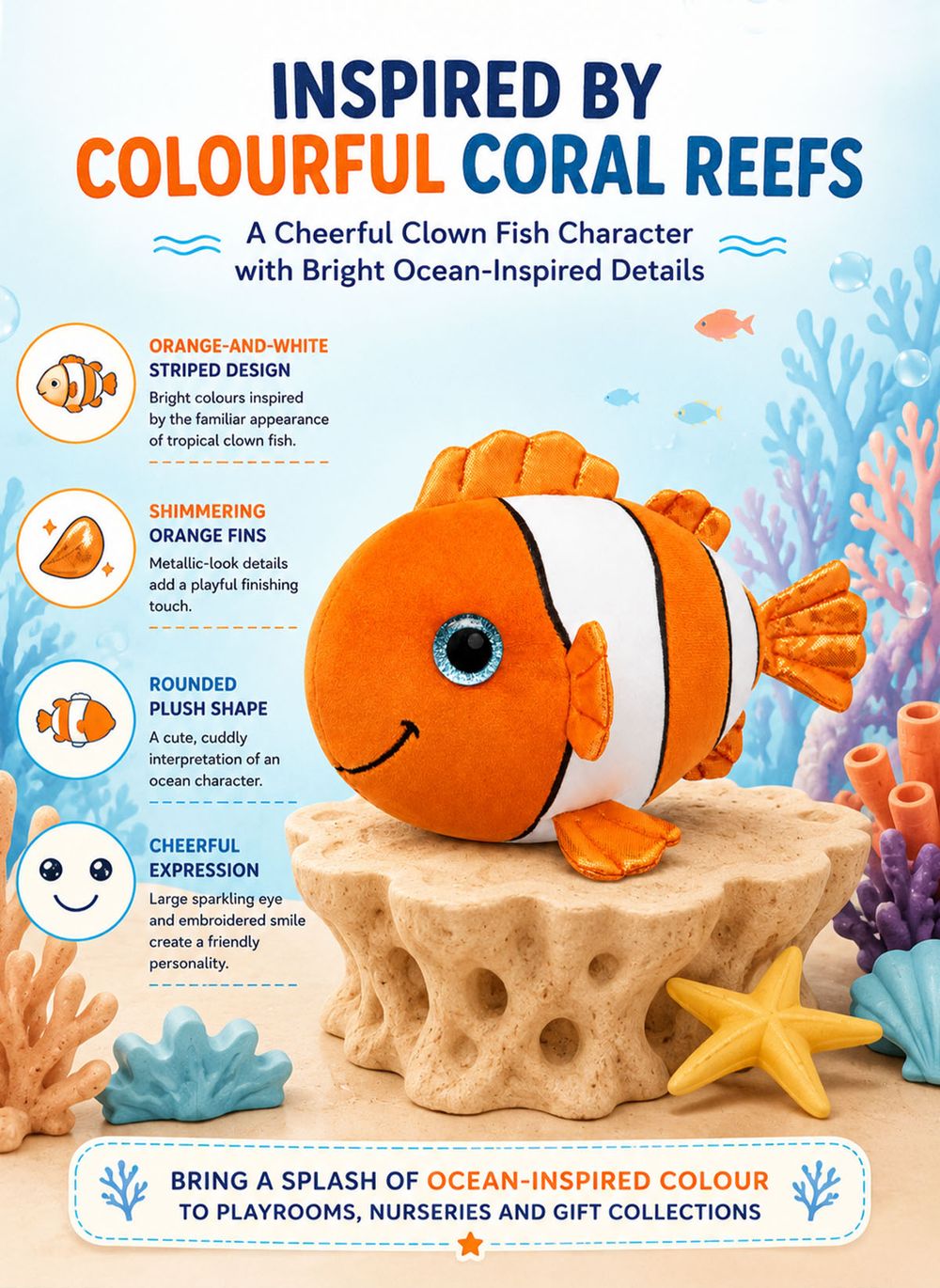 Wild Planet - Orbys Clown Fish Plush Toy - 6-inch