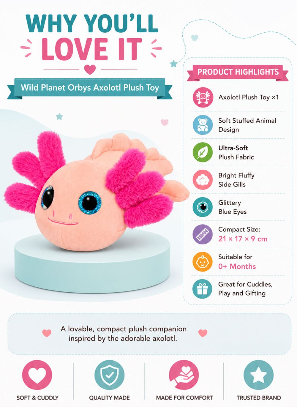 Wild Planet - Orbys Axolotl Plush Toy - 7-inch