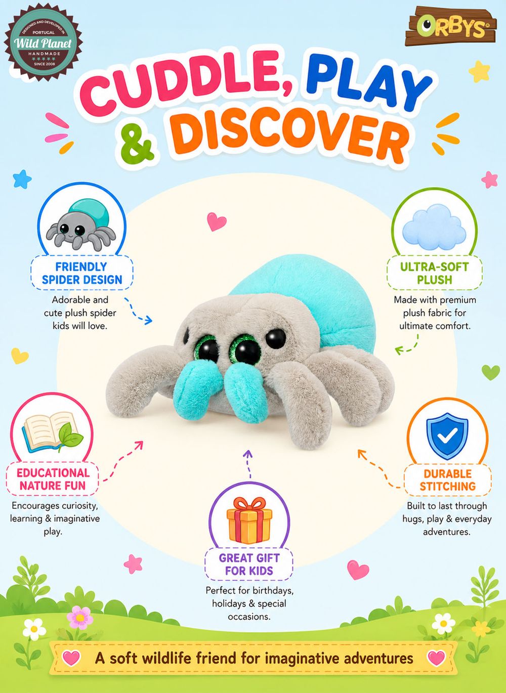 Wild Planet - Orbys Jumping Spider Plush Toy - 4-inch