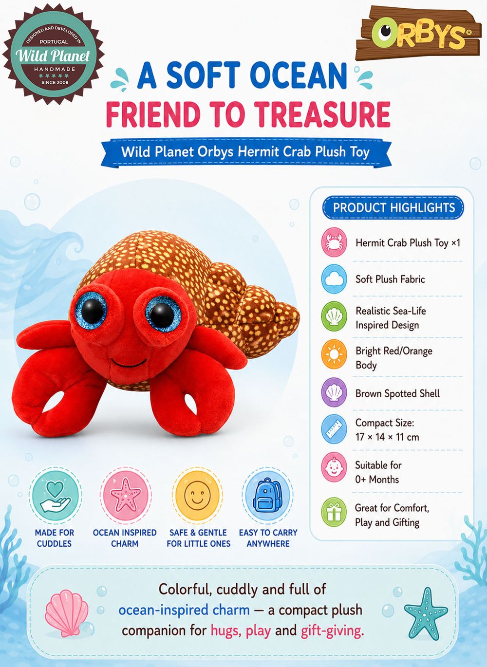 Wild Planet - Orbys Hermit Crab Plush Toy - 6-inch