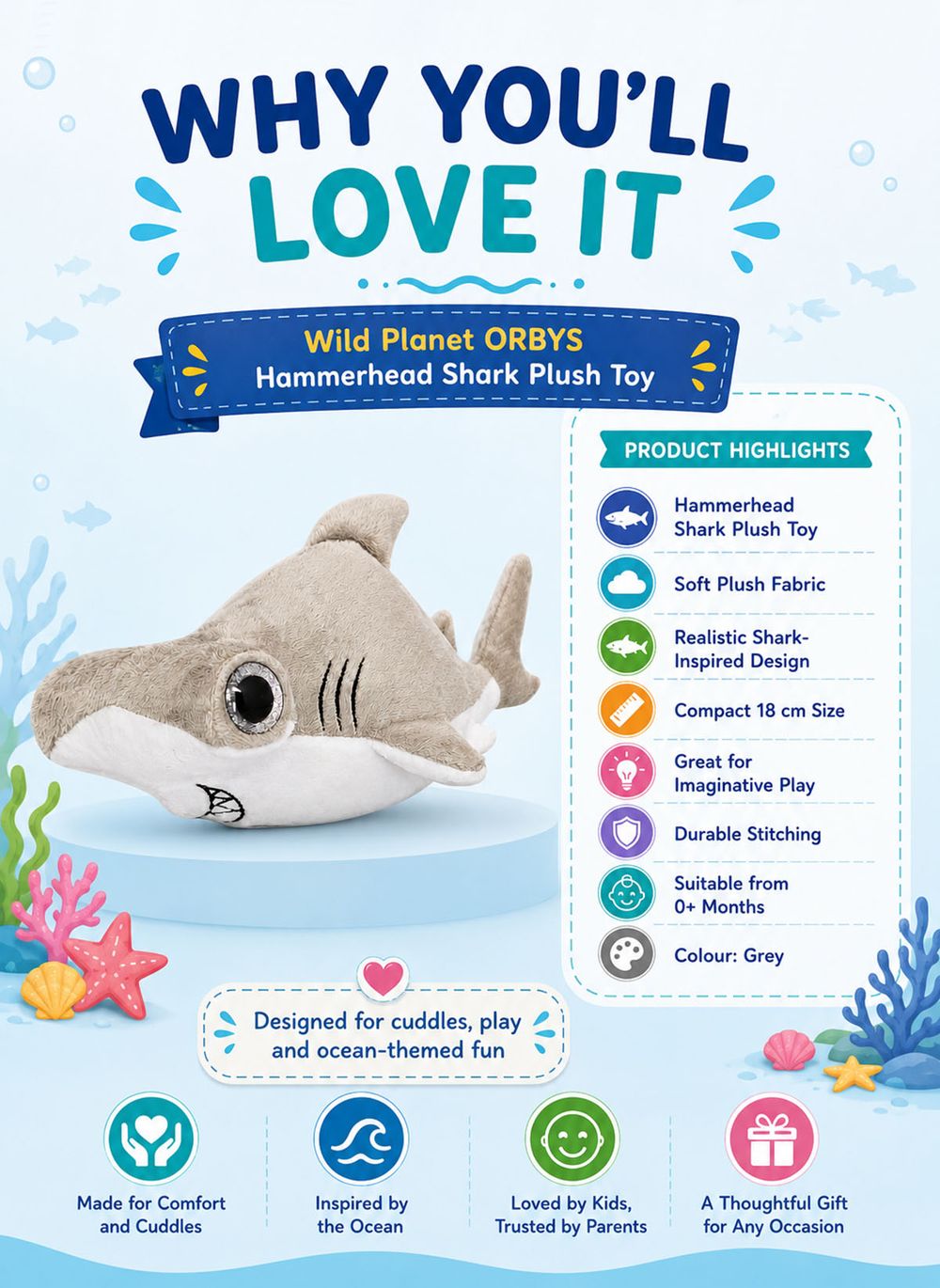 Wild Planet - Orbys Hammerhead Shark Plush Toy - 4-inch