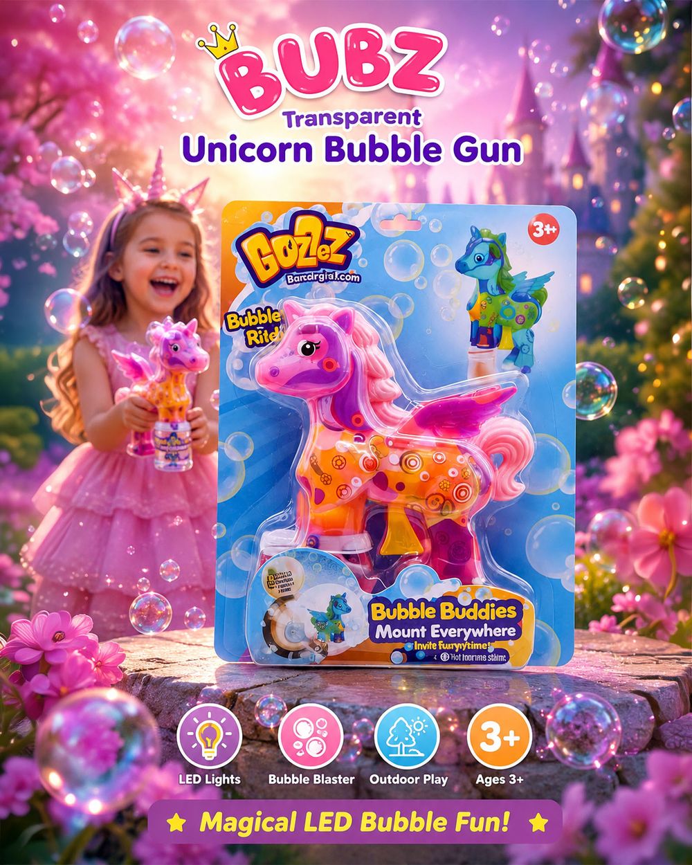 Bubz - Light-Up Unicorn Bubble Gun Toy - Pink