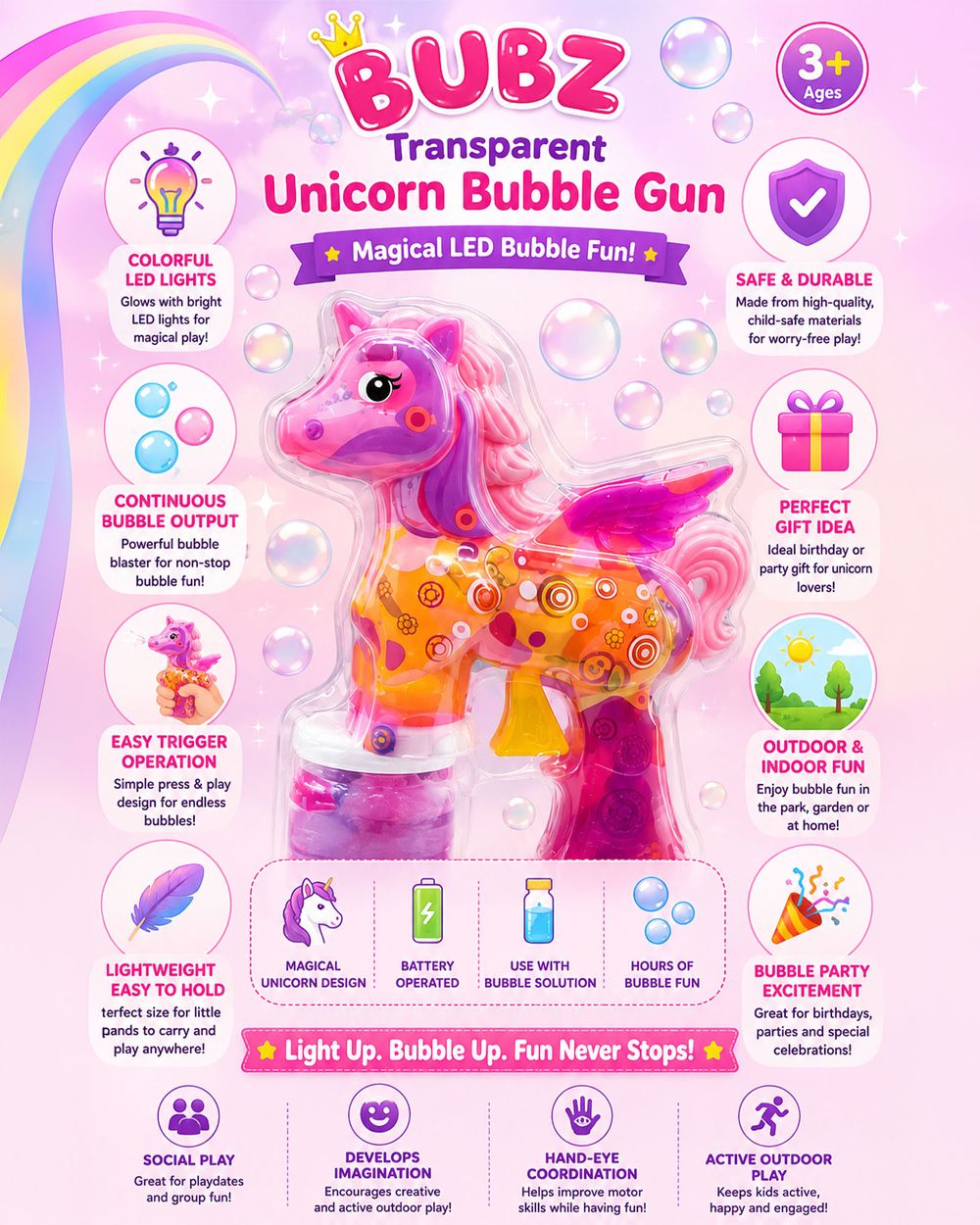 Bubz - Light-Up Unicorn Bubble Gun Toy - Pink