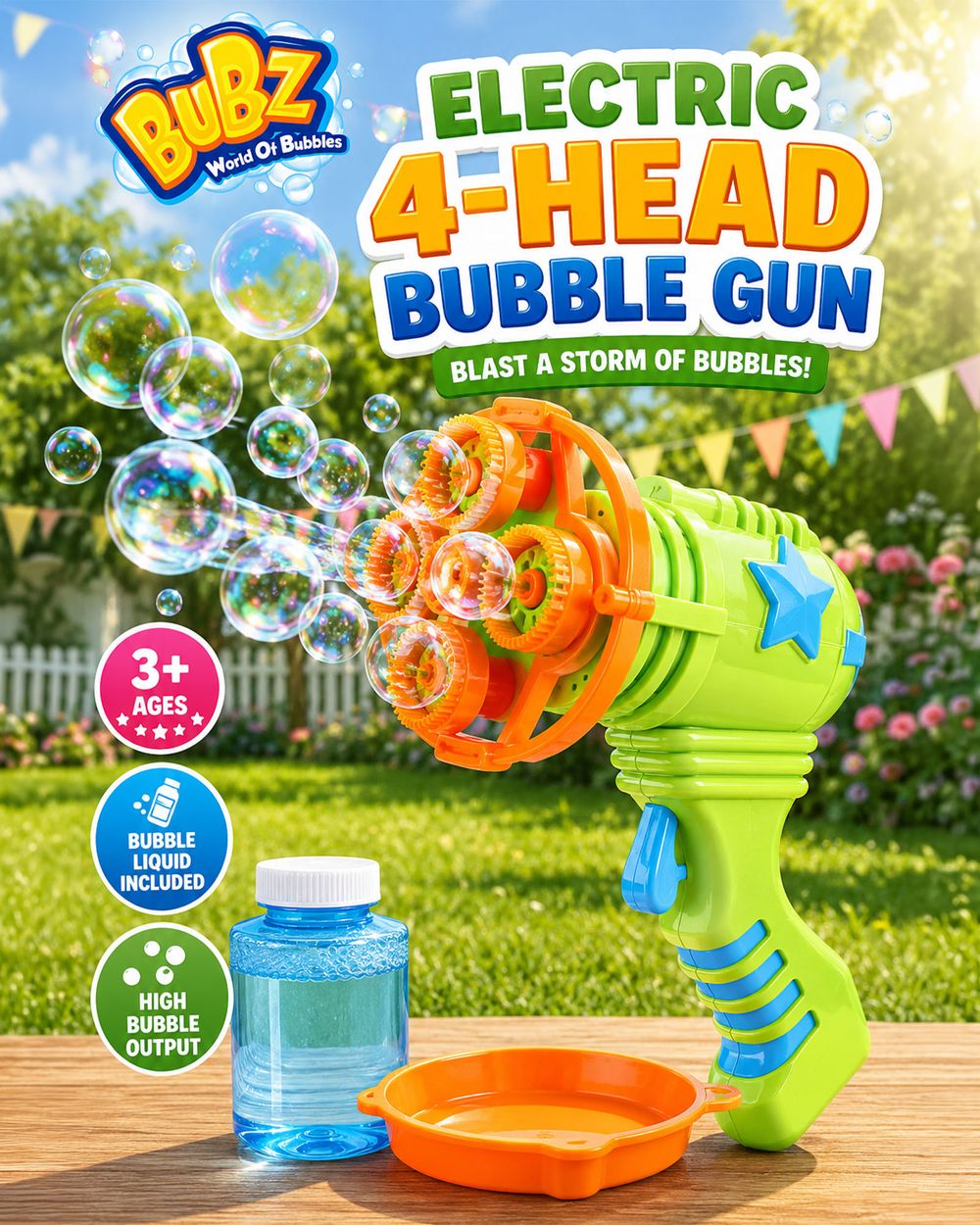 Bubz - 4 Head Electric Bubble Gun Blaster - Color May Vary - 1 Pc