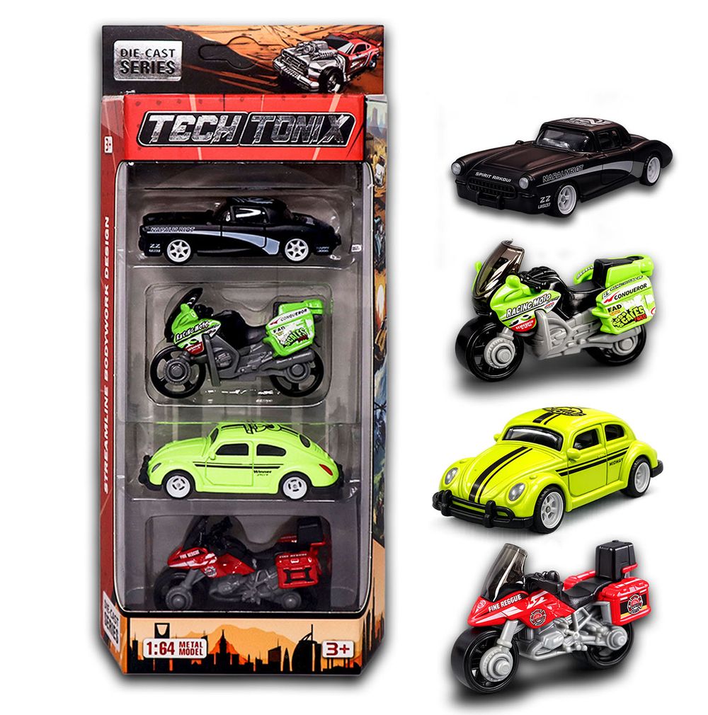 Techtonix - 1:64 Diecast Mini Sports Racing Cars And Bikes - 4 Pc Set