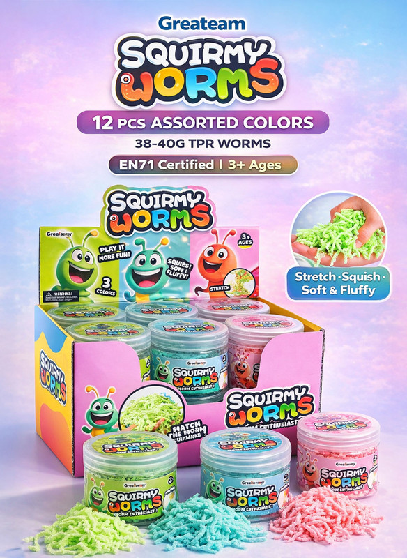 Greateam - Squirmy Worms 12pc-Set 40g Each TPR Worm Toys - Multicolor