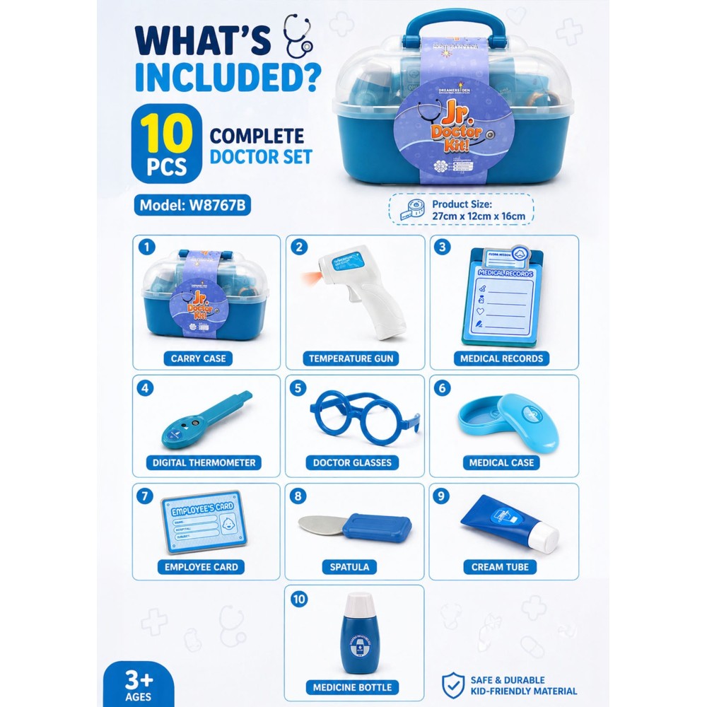 Jr. Doctor Kit - Medical Playset With Carry Case - 10 Pc Set